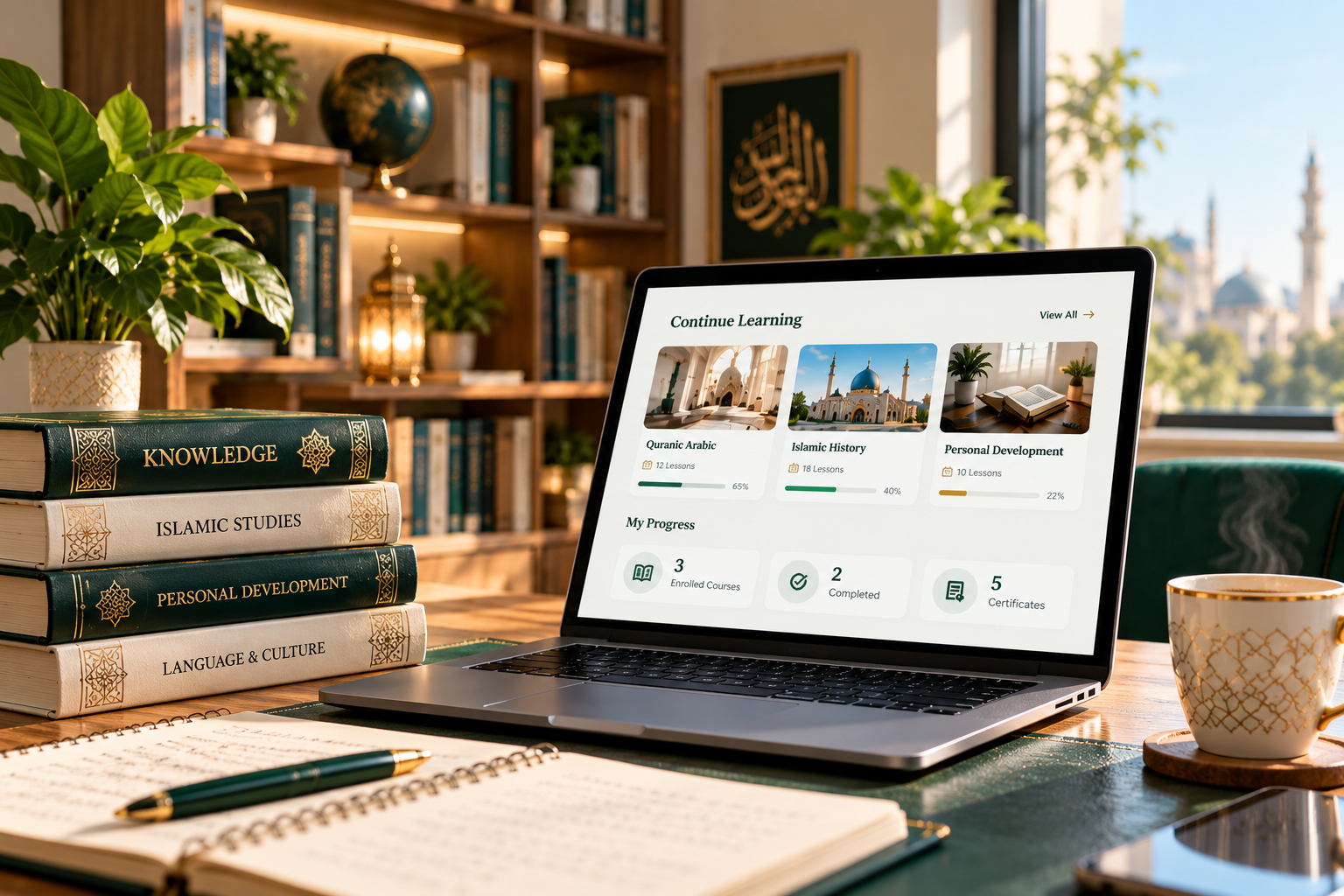 Online learning workspace with courses and student progress on a laptop